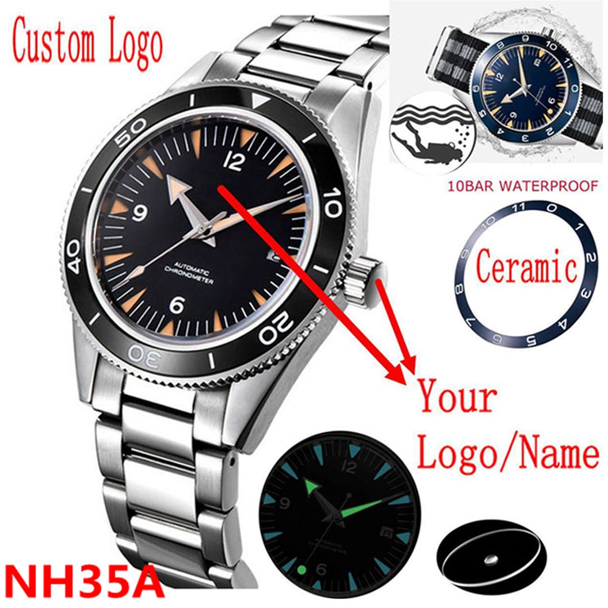 Luxury Watch Logo - شعار مخصص NH35 ساعة يد تعمل